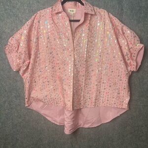 BiBi Woman Small Pink sequins Lace high low short sleeve Top New